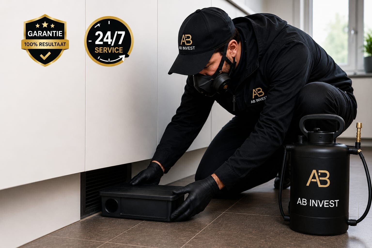 Technicus van AB Invest plaatst discreet een lokaasstation in een keuken
