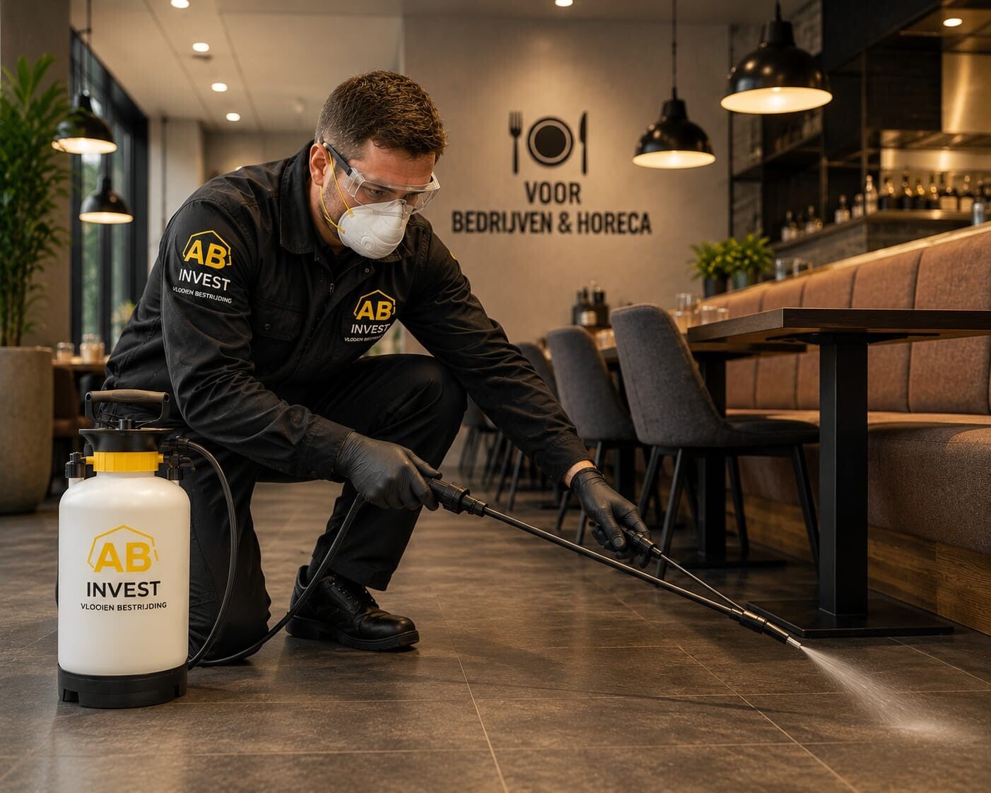 Technicus van AB Invest behandelt discreet de vloer van een restaurant — interventie voor bedrijven en horeca