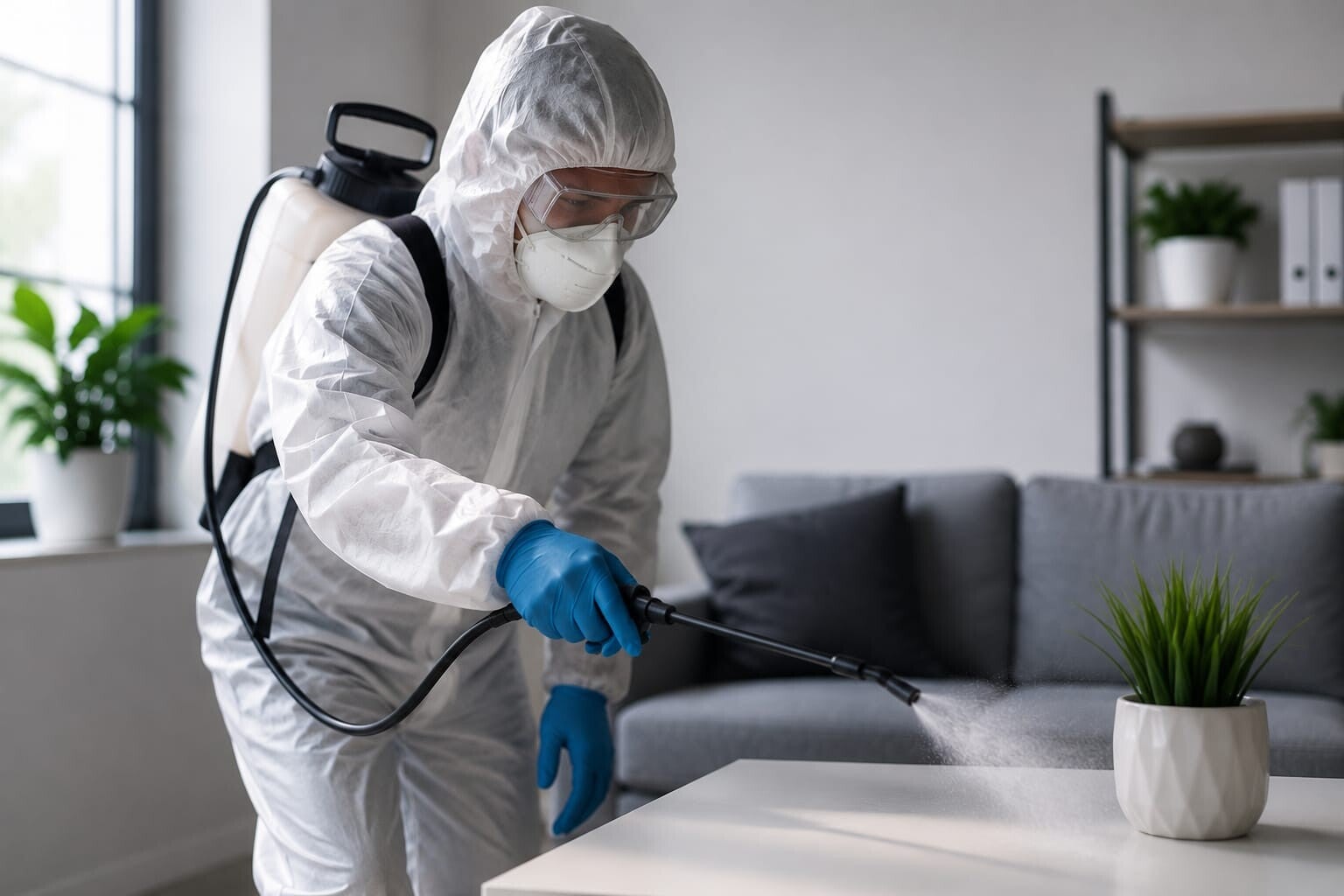 Technicus in beschermend pak voert een gerichte behandeling uit in een woonkamer